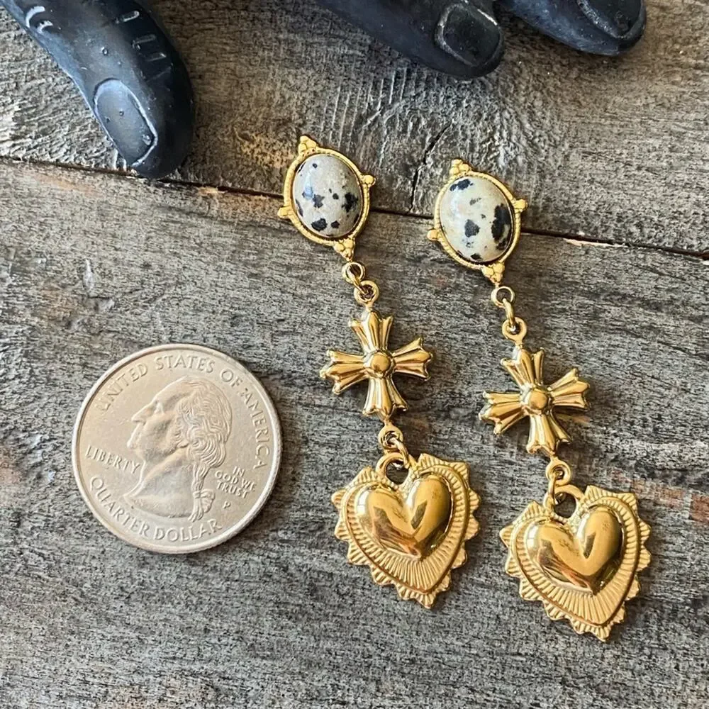 NEW Gold Cross Dalmatian Jasper Heart Dangle Earrings